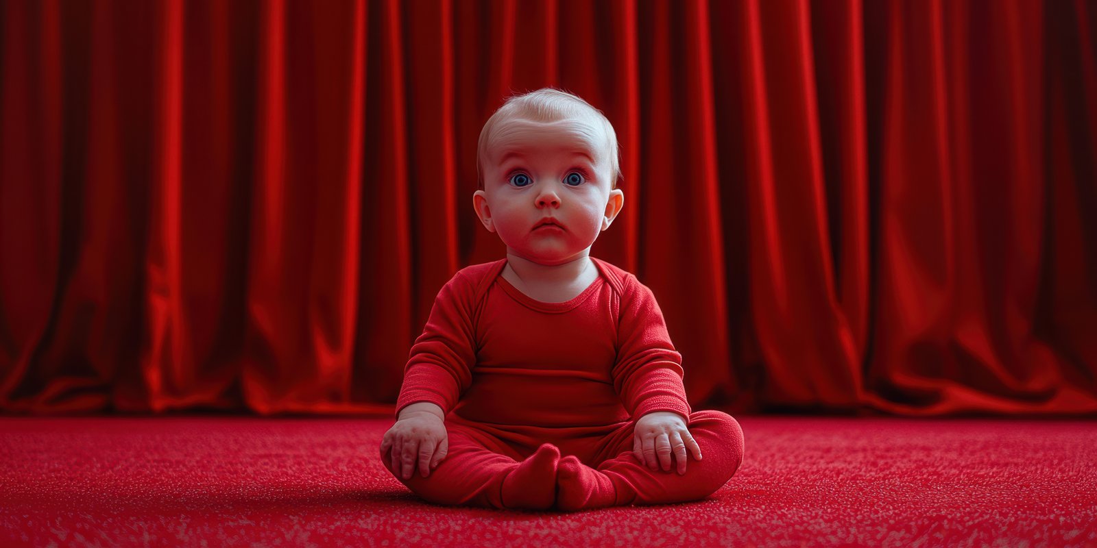 Baby in bright red outfit sits on a red carpet surrounded by red curtains in a softly lit indoor setting